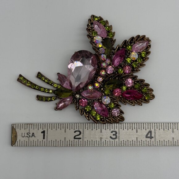 Rhinestone Brooch Set of 3 Leaf Floral Designs Multicolor Gold Silver Tone Resin - Picture 11 of 14